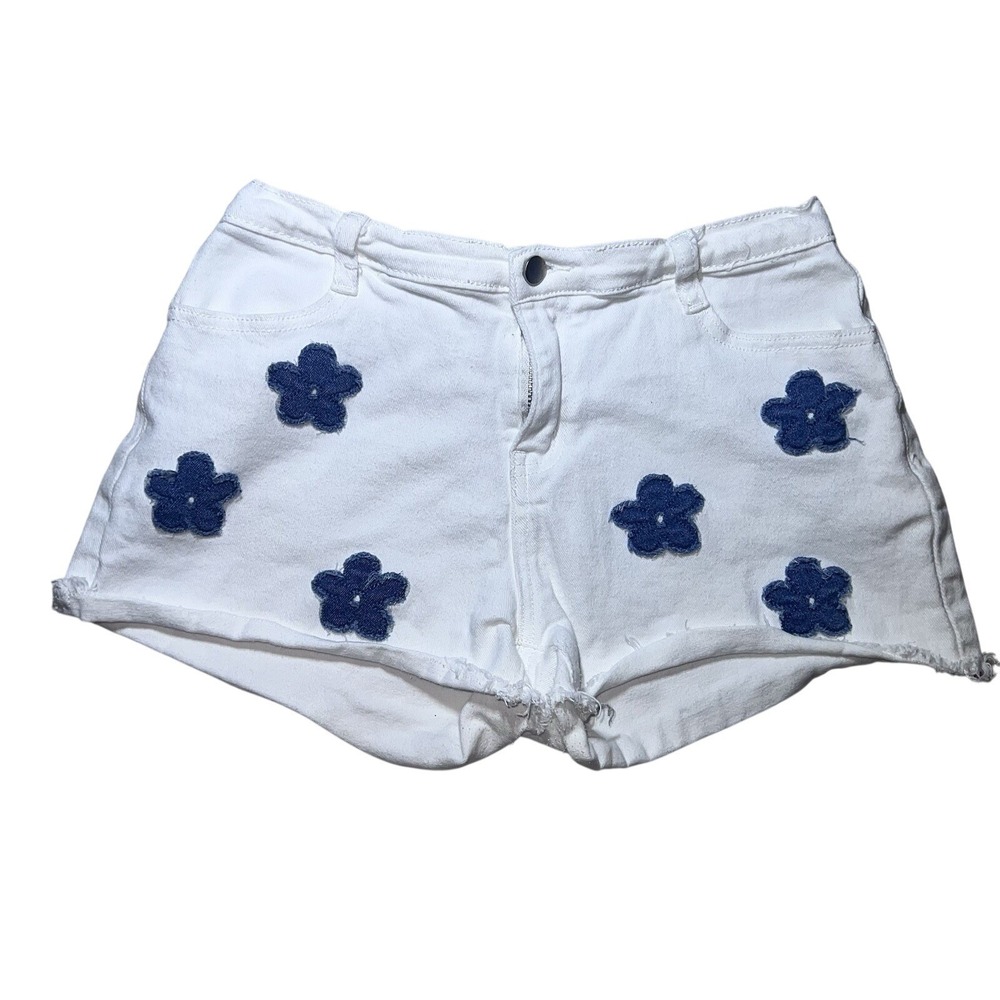 Hayden Girls Size L White Denim Shorts Blue Flowers